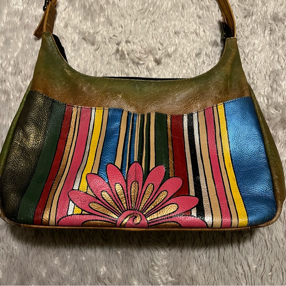 Anuschka leather hand painted striped and floral purse